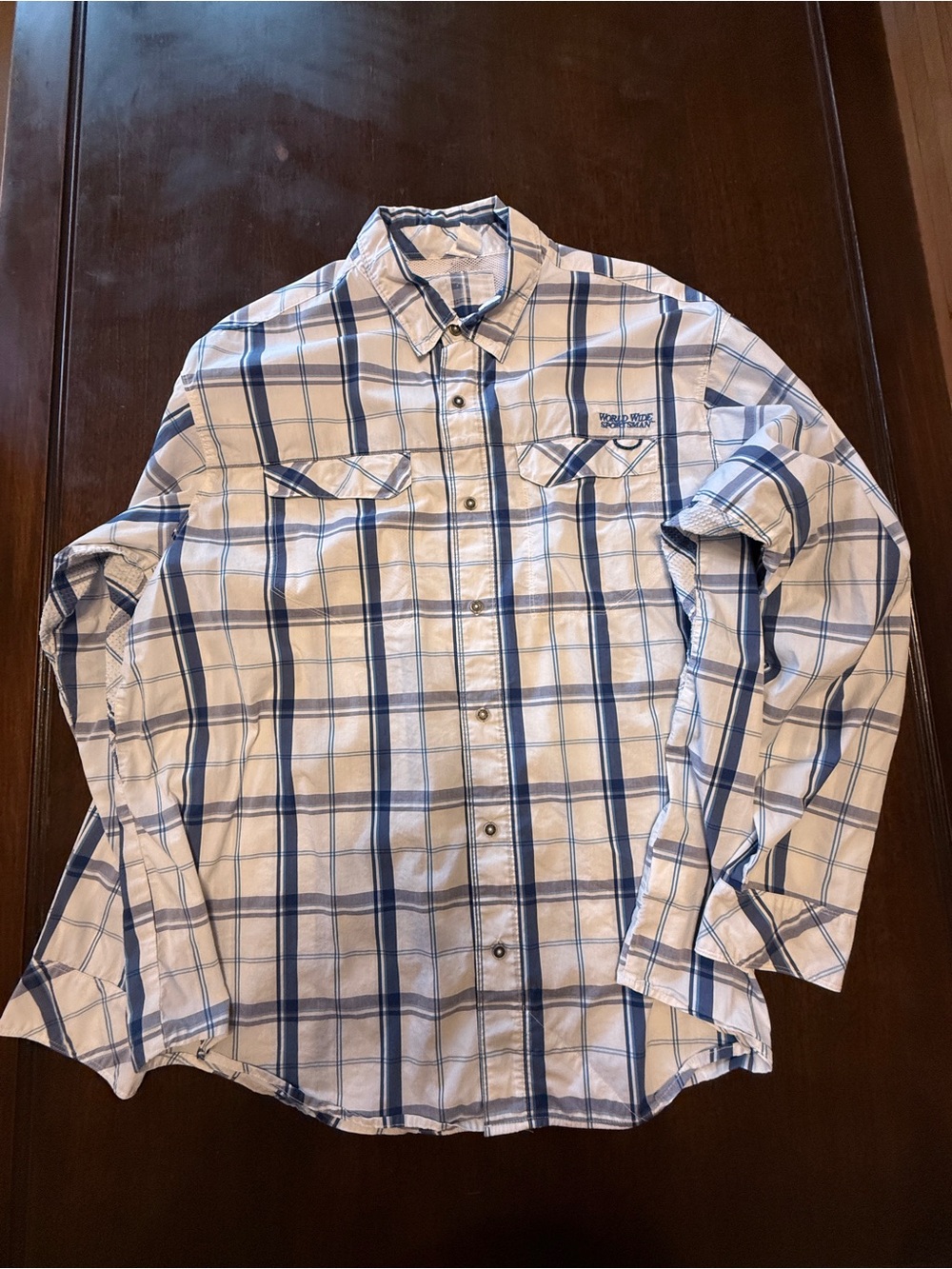 Bass Pro Shops White and Blue Plaid Button-Down Shirt